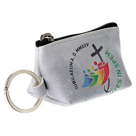 Grey rosary bag with Jubilee official logo, LATIN, 2.5x3.5x2 in