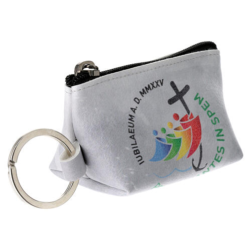 Grey rosary bag with Jubilee official logo, LATIN, 2.5x3.5x2 in 2