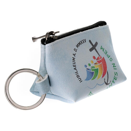 Light blue rosary bag with Jubilee official logo, LATIN, 2.5x3.5x2 in 2