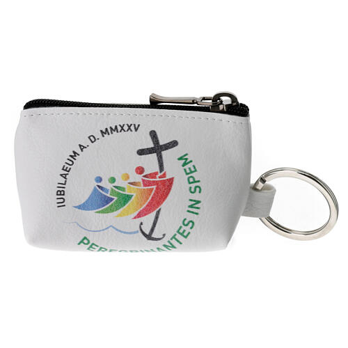 White rosary bag with Jubilee official logo, LATIN, 2.5x3.5x2 in 1