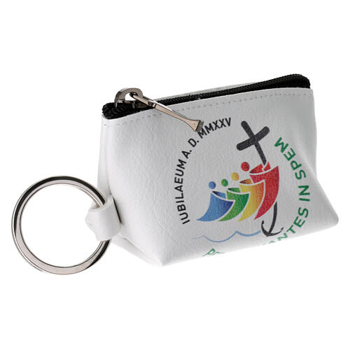 White rosary bag with Jubilee official logo, LATIN, 2.5x3.5x2 in 2