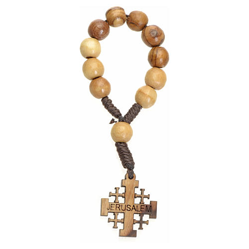 Single decade rosary in Holy Land olive wood, Jerusalem cross 1