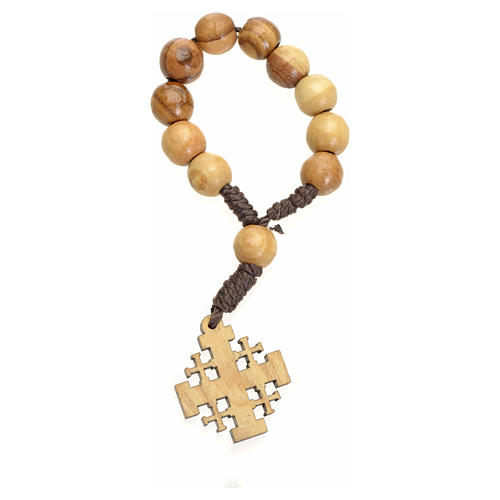 Single decade rosary in Holy Land olive wood, Jerusalem cross 2