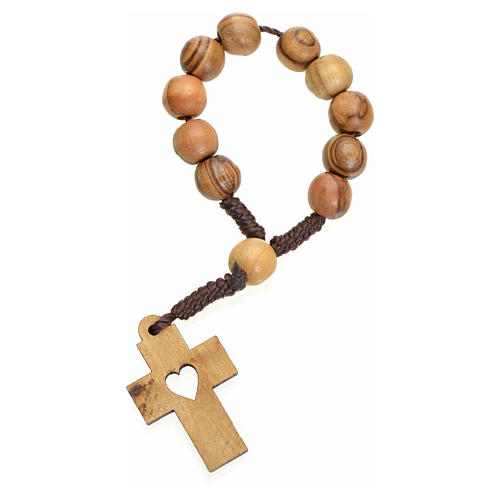 Single decade rosary in Holy Land olive wood, cross and heart 2