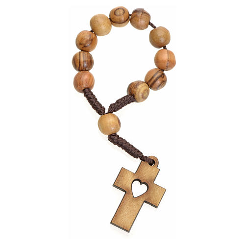 Single decade rosary in Holy Land olive wood, cross and heart 1