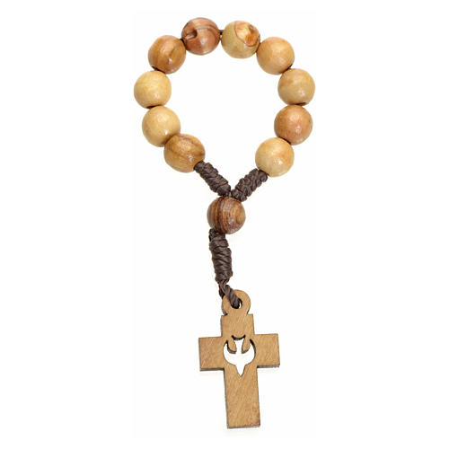 Single decade rosary in Holy Land olive wood, cross and dove 1
