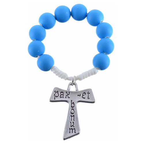 Rosenkranz-Zehner aus blauem Fimo mit Tau-Kreuz 3