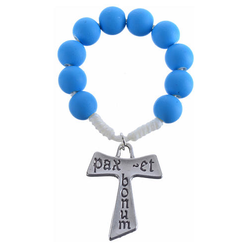 Rosenkranz-Zehner aus blauem Fimo mit Tau-Kreuz 5