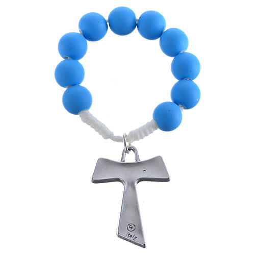Rosenkranz-Zehner aus blauem Fimo mit Tau-Kreuz 6
