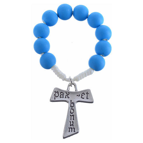 Rosenkranz-Zehner aus blauem Fimo mit Tau-Kreuz 1