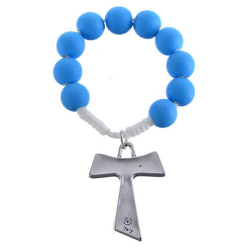 Rosenkranz-Zehner aus blauem Fimo mit Tau-Kreuz 2