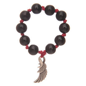 Single decade rosary with black wood grains and angel's wing