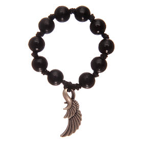Single decade rosary with black wooden grains and angel's wing