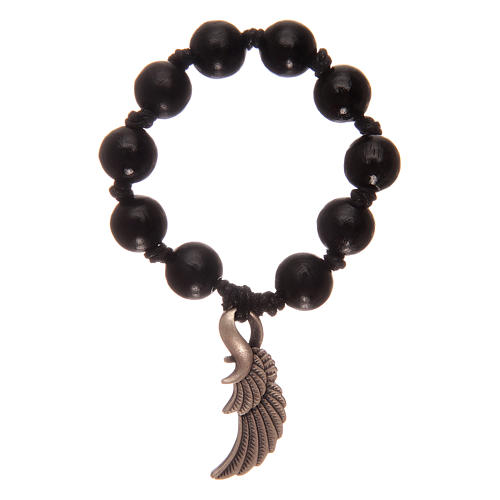Single decade rosary with black wooden grains and angel's wing 2