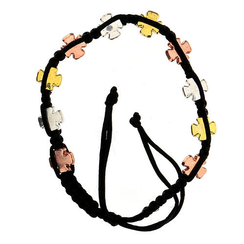 Single decade rosary bracelet, black asjustable string and tricolour crosses 1