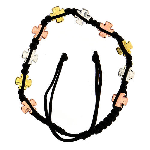 Single decade rosary bracelet, black asjustable string and tricolour crosses 2