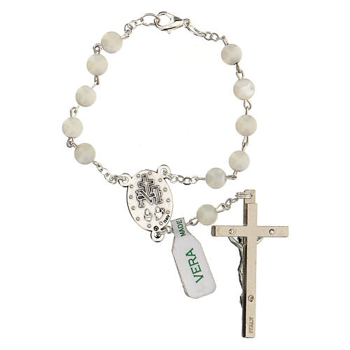 Armband Rosenkranz mit 10 weißen Perlen aus Perlmutt mit Kreuz, 6 mm 2