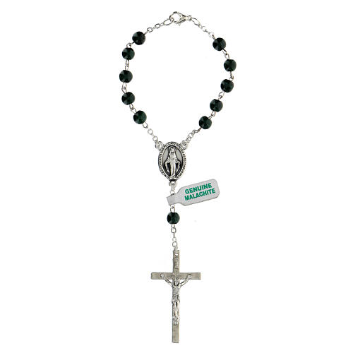Armband Rosenkranz mit 10 dunkelgrünen Perlen aus Malachit mit Kreuz, 6 mm 1
