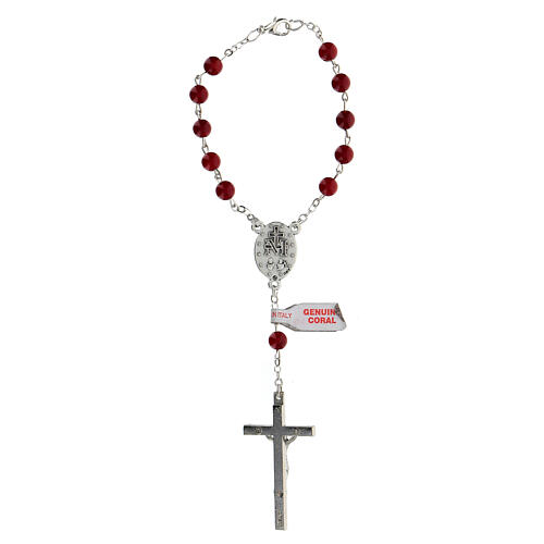 Armband Rosenkranz mit 10 roten Perlen aus Korallenpaste mit Kreuz, 6 mm 2