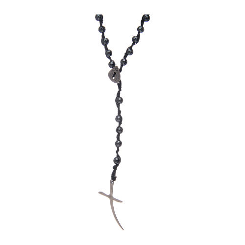 Rosary beads with multifaceted hematite grains and cross 1