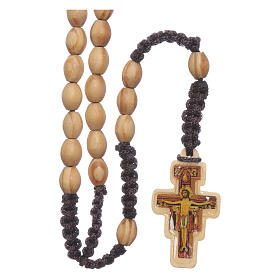 Różaniec drewno oliwne owalne z krzyżem Świętego Damiana połączenie z jedwabiu