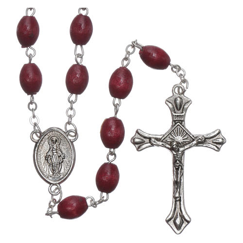 Rosary in wood with burgundy oval grains and metal setting 6,5 mm 1