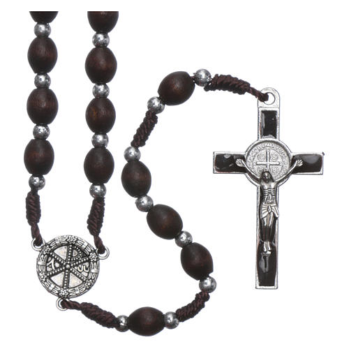 Rosary in oval wood brown with pearls in silver setting 1