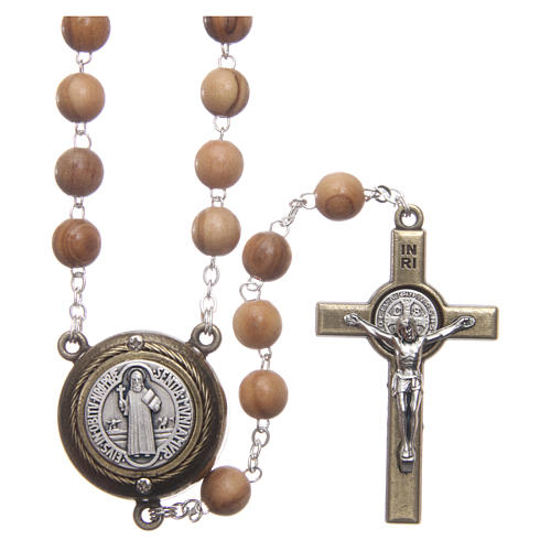 Rosary in light brown wood, talking center piece telling the prayer of Saint Benedict in ITALIAN 8 mm 1