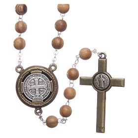 Rosary in light brown wood, talking center piece telling the prayer of Saint Benedict in ITALIAN 8 mm