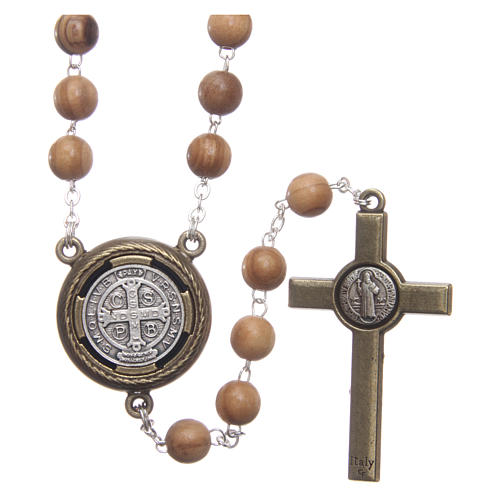 Rosary in light brown wood, talking center piece telling the prayer of Saint Benedict in ITALIAN 8 mm 2