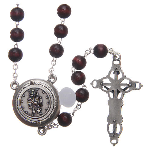 Rosary in burgundy wood with talking center piece Pope Francis prayer spanish 8 mm 2
