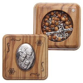 Square case in olive wood with wooden rosary 5 mm