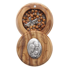 Holy Family olive wood box with wooden rosary 5 mm