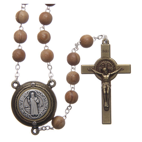 Saint Benedict rosary in light brown wood with talking center piece Saint Benedict prayer SPANISH 8 mm 1
