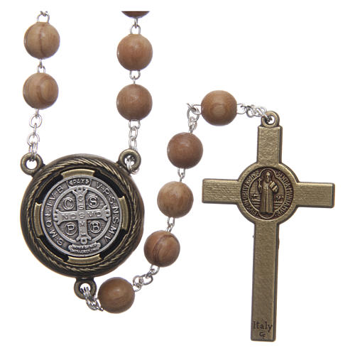 Saint Benedict rosary in light brown wood with talking center piece Saint Benedict prayer SPANISH 8 mm 2