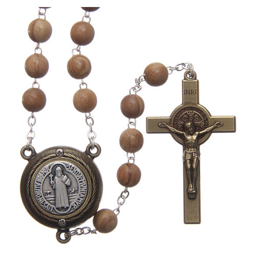 Saint Benedict rosary in light blue wood with talking center piece Saint Benedict prayer SPANISH 8 mm 1