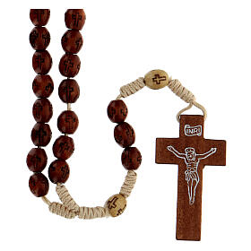 Rosary in beige soutage rope with oval wooden beads 7x5 mm