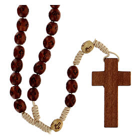 Rosary in beige soutage rope with oval wooden beads 7x5 mm