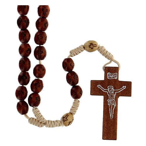 Rosary in beige soutage rope with oval wooden beads 7x5 mm 1