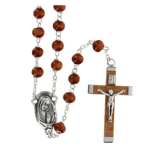 Rosary with dark brown beads in 6 mm round wood and wooden cross 1
