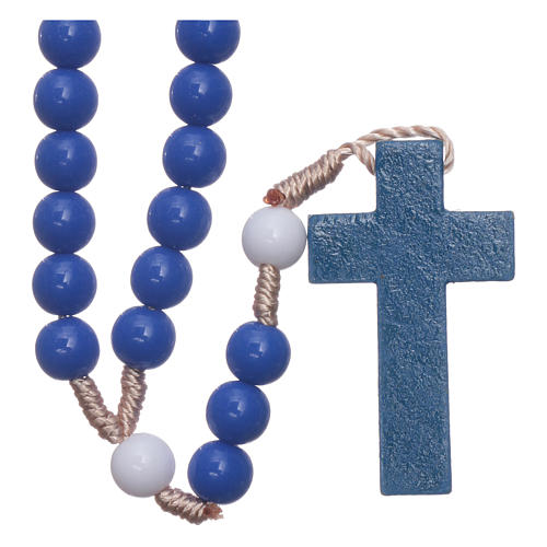 Rosary in blue plastic and white pater with silk setting 7,5 mm 2