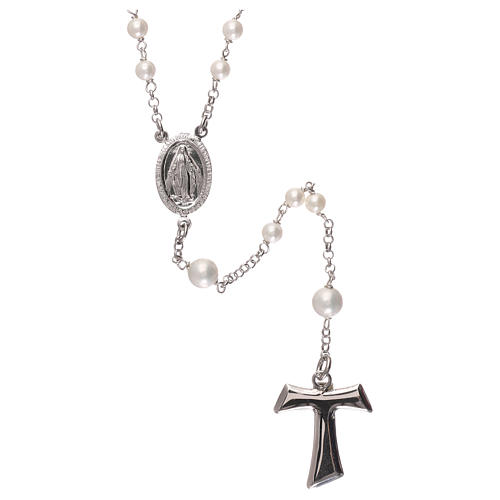 Rosenkranz MATER mit weißen Perlen auf einer Silber-Kette und mit Tau-Kreuz 1
