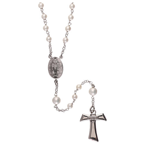 Rosenkranz MATER mit weißen Perlen auf einer Silber-Kette und mit Tau-Kreuz 2