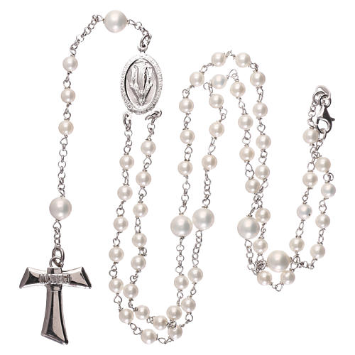 Rosenkranz MATER mit weißen Perlen auf einer Silber-Kette und mit Tau-Kreuz 4