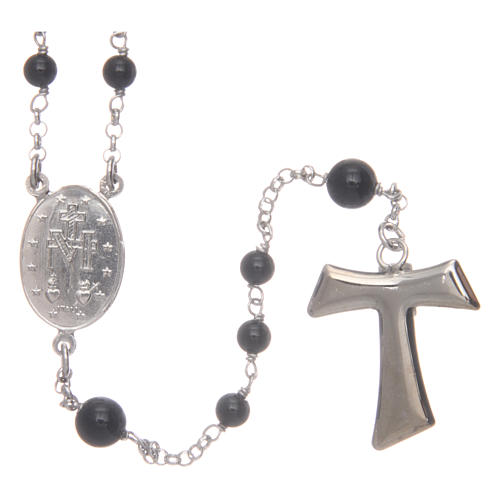 Silver rosary with black freshwater pearls and tau cross, MATER 2