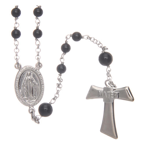 Silver rosary with black freshwater pearls and tau cross, MATER 1