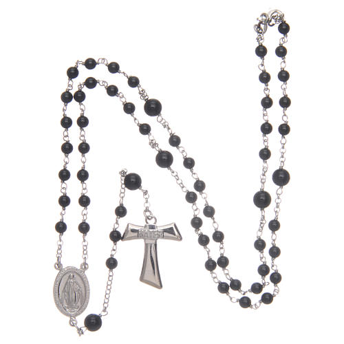 Silver rosary with black freshwater pearls and tau cross, MATER 4