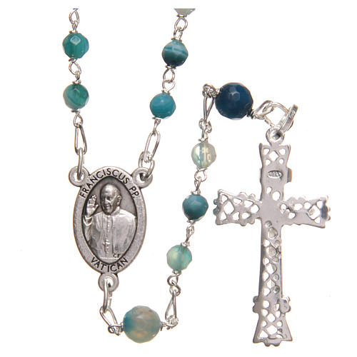 STOCK Rosary beads in Brazilian agate and sterling silver with Pope Francis 4mm light blue 2