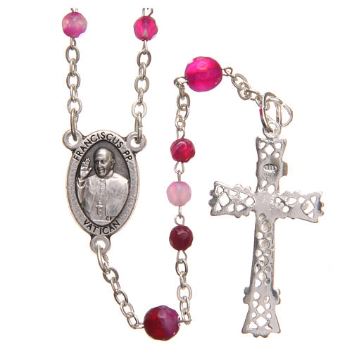STOCK Rosary beads in Brazilian agate and sterling silver with Pope Francis 4mm fuchsia 2