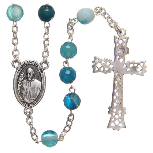 STOCK Rosary beads in Brazilian agate and sterling silver with Jubilee symbol 6mm light blue 2